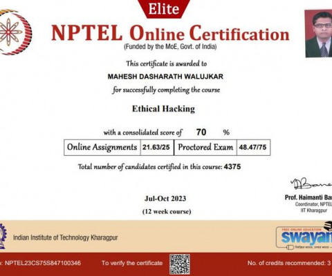 Prof. Mahesh D. Walujkar, Completed 12 weeks FDP on Ethical Hacking conducted by NPTEL-AICTE