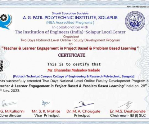 Certificate for FDP on Teacher & Learner Engagement in Project Based & Problem Based Learning