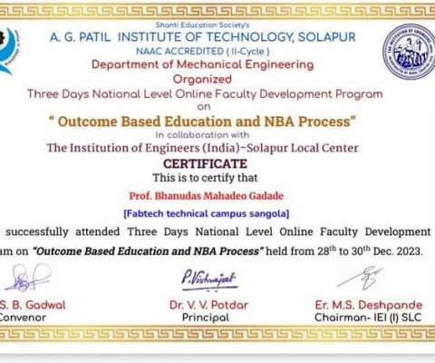 Certificate for FDP on Outcome Based Education and NBA Process