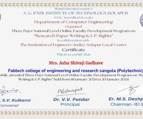 Certificate for FDP on Research Paper Writing & I.P. Rights