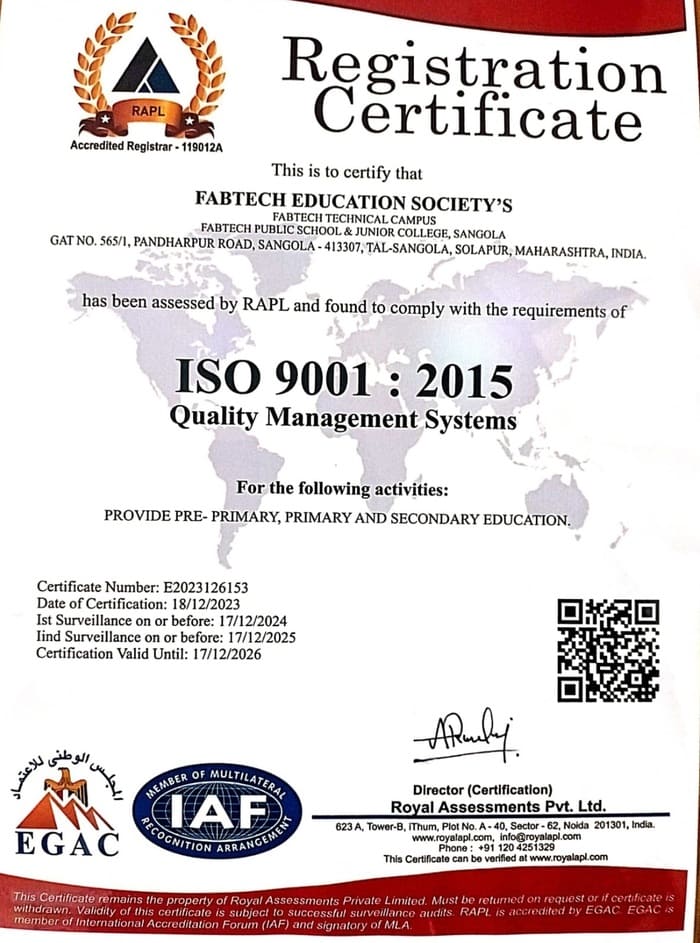 Fabtech Eucation Society got certified by ISO